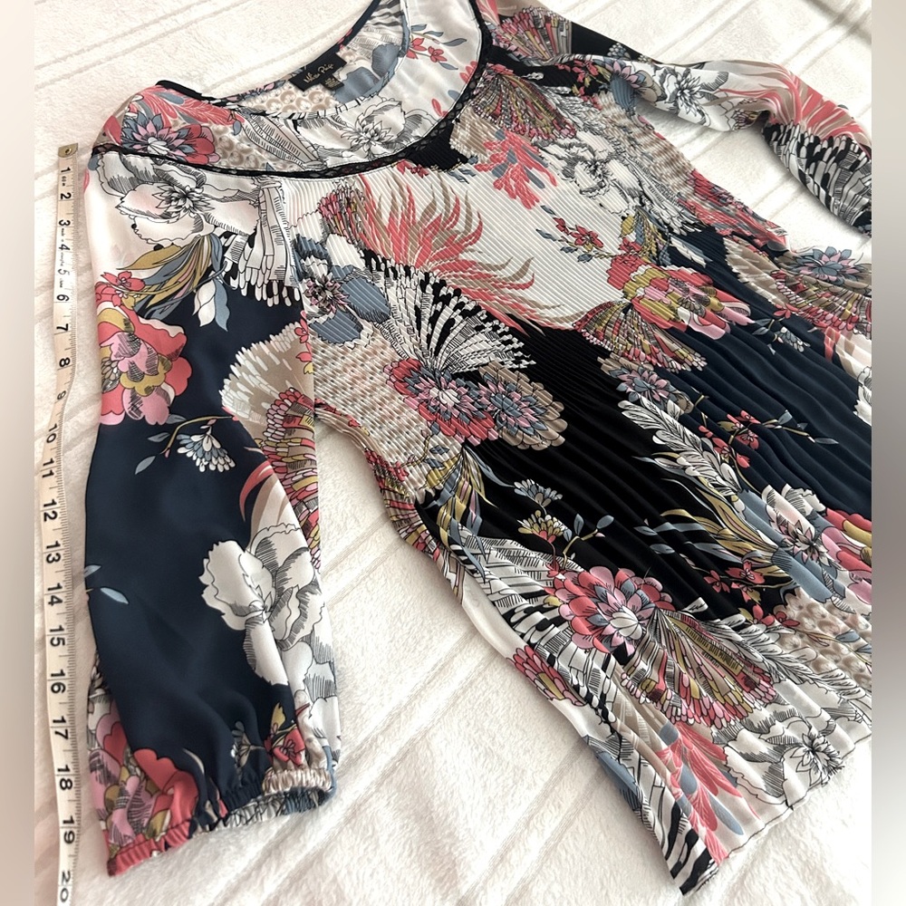 Melissa Paige Pleated White Pink Black Blouse with 3/4 Sleeves SZ L - Picture 8 of 12